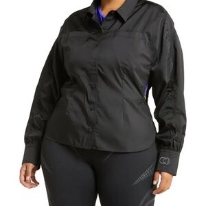 Black Collared Button-Down Top with Long Sleeves